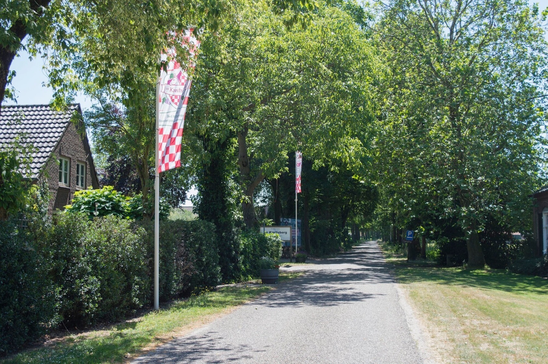 Laan met rood-witte vlaggen van De Kreitsberg